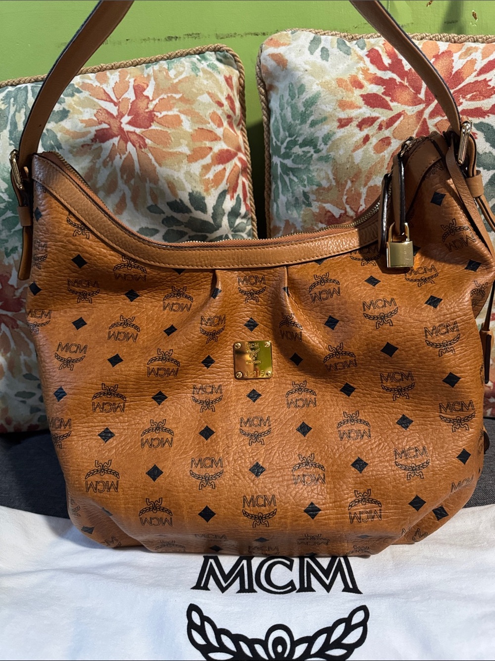 MCM Cognac Visetos Shoulder Hobo with Gold Hardware